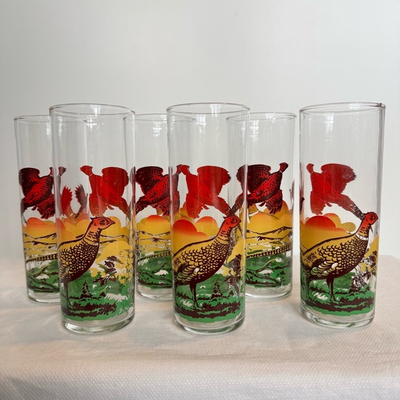 Vintage Other - 6 MCM Tom Collins Tumblers Tall Drinking Glasses Pheasant Hunting Scene